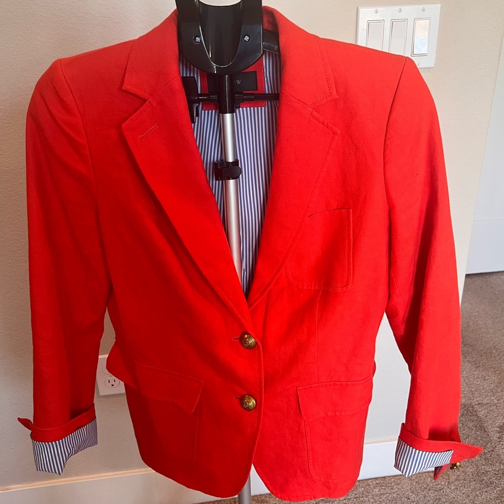 J. Crew Red Linen Blazer with Notched Lapels and Structured Shoulders